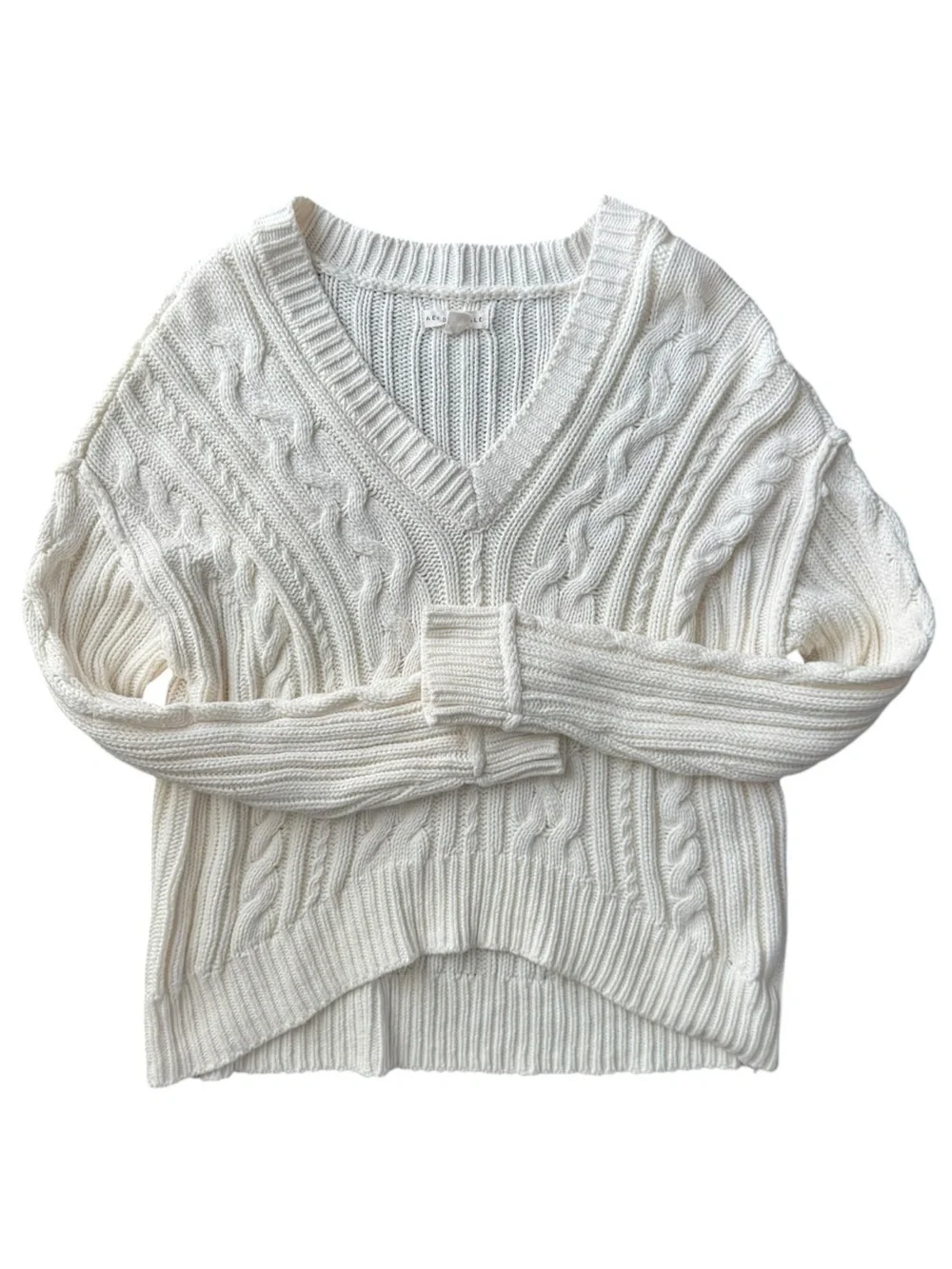 Aeropostale Women's Cream Cable Knit V-Neck Sweater Size L